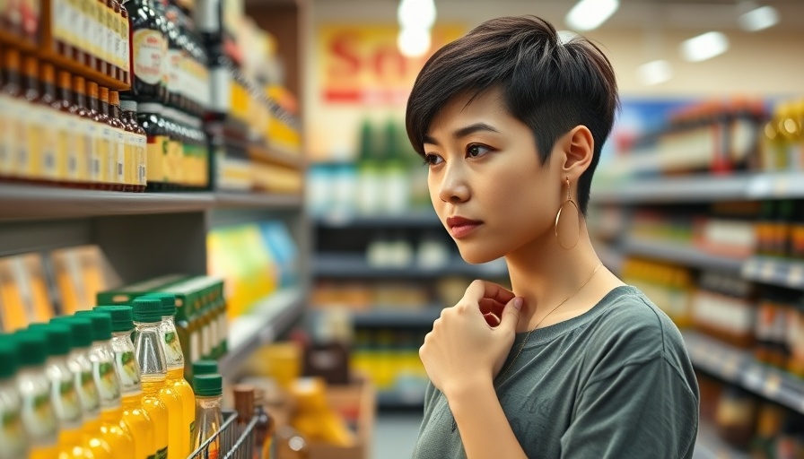 Young woman shopping for seed oils in a grocery store aisle.