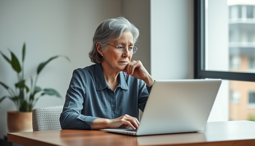 Contemplative older woman with laptop in office setting, reflecting on menopause and mental health.