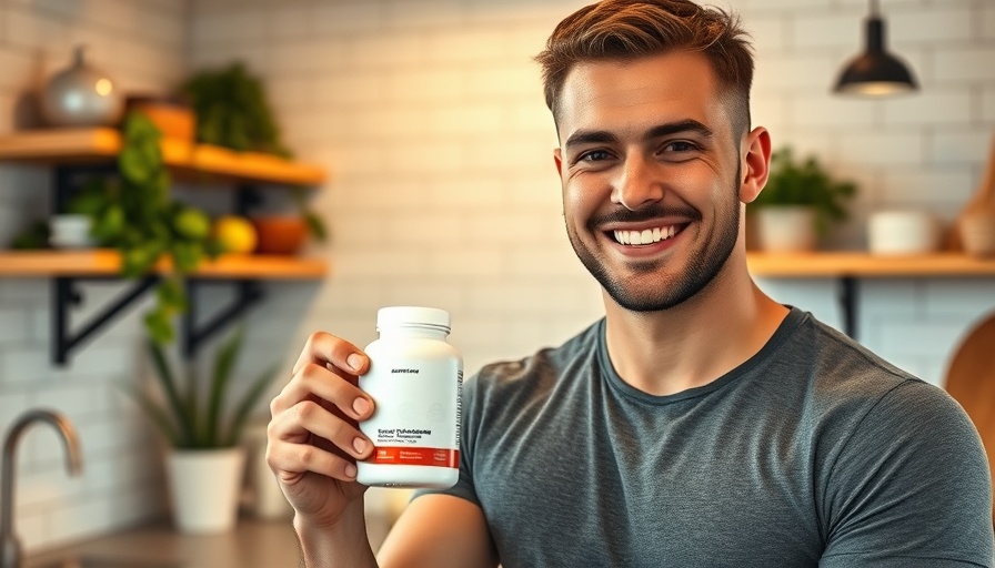 Health coaching mistakes: Man points at supplement in kitchen.