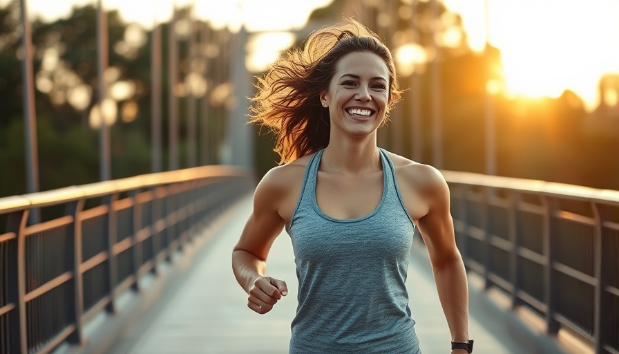 Athletic woman embracing body neutrality on a scenic bridge walk.