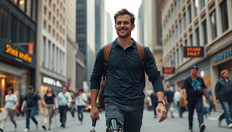 Health guide depiction of adapting to limb loss in an urban setting.