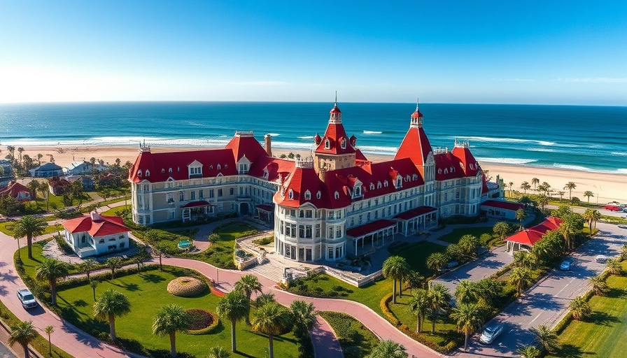 Aerial view of Hotel del Coronado and Veranda Restaurant by the beach.