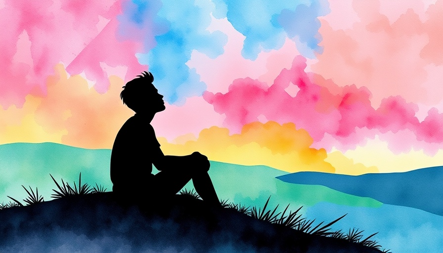 Colorful abstract art of a person contemplating under a vibrant sky.