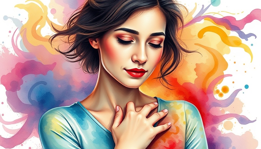 Peaceful woman with hand on heart in colorful swirl, symbolizing not forgiving as a powerful step toward healing.