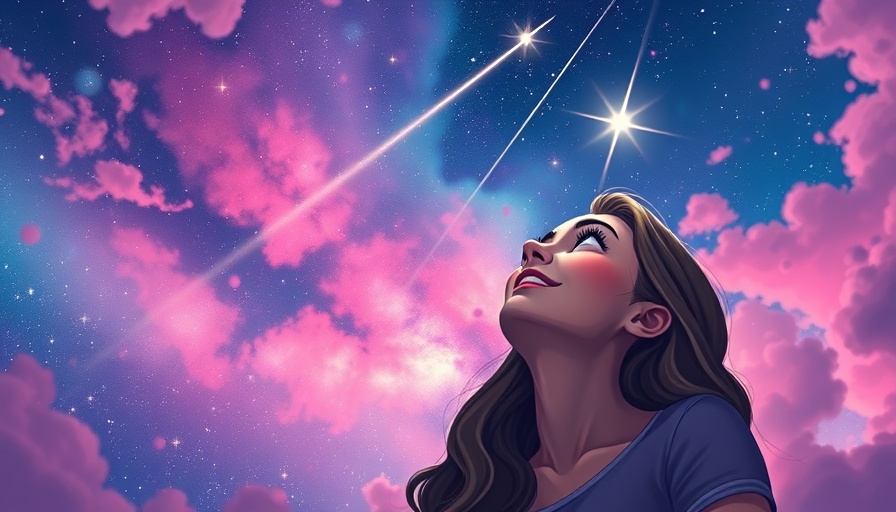 Hopeful woman gazing at a shooting star amidst a cosmic nebula.