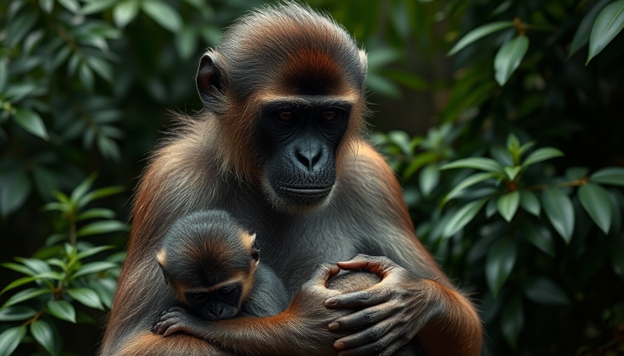 Primate mother grieving with young, jungle setting.