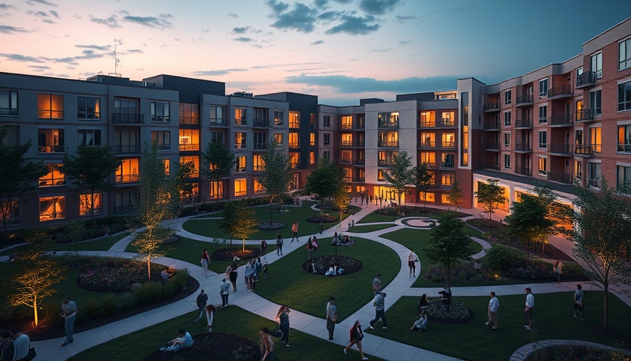 Modern college campus at twilight with outdoor social spaces.