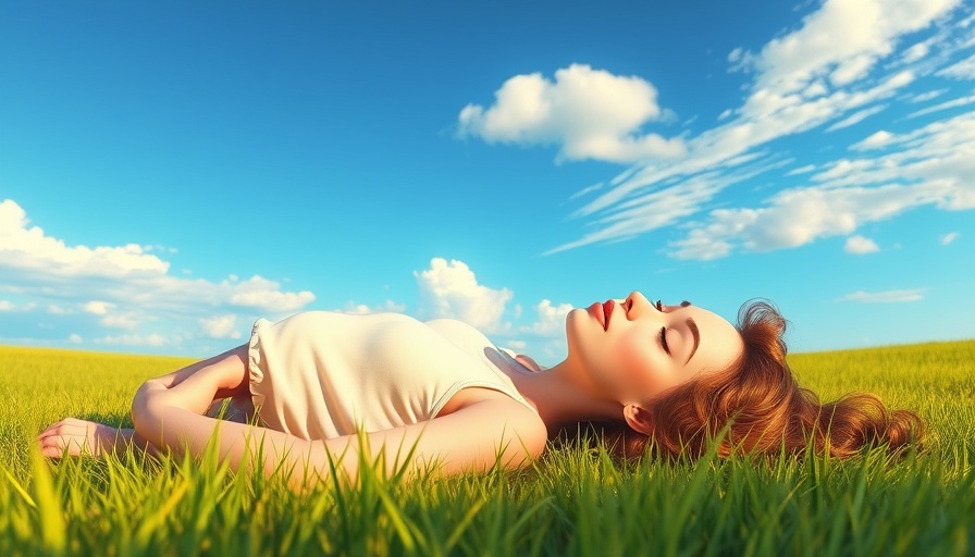 Woman relaxing on grass under blue sky, Permission to Rest.