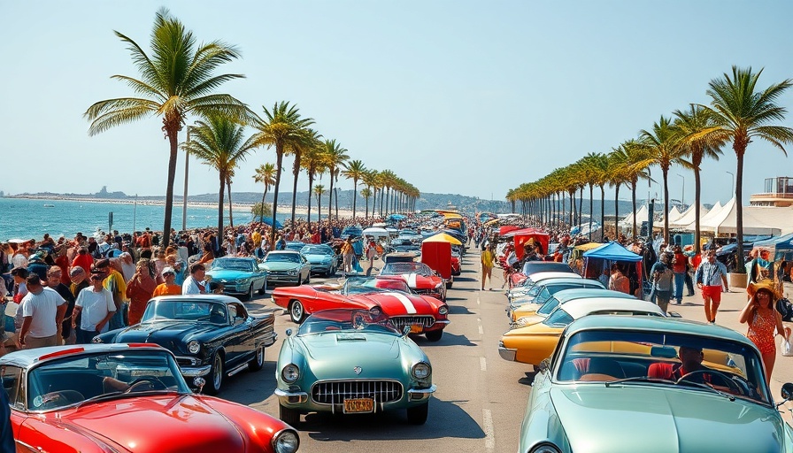 Aerial view of local events in SoCal with classic cars by the coast.