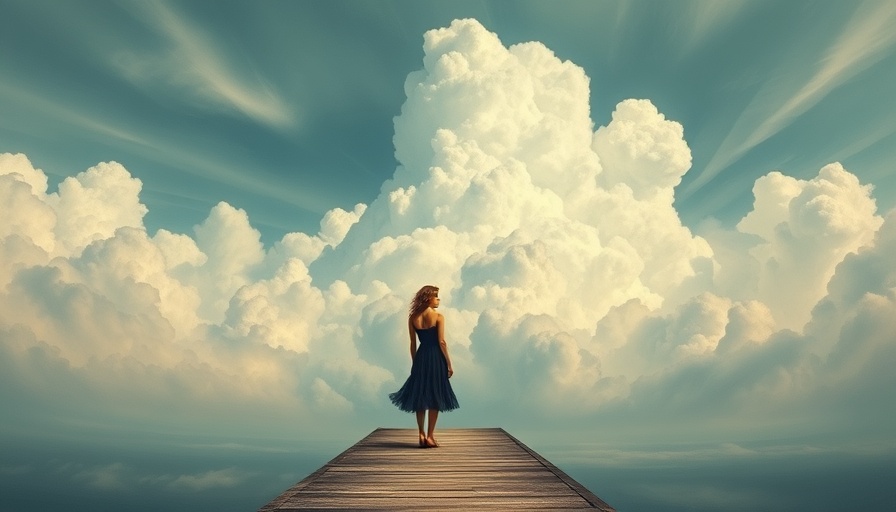 Surreal painting woman on pier with clouds, Health and Wellness Articles concept.
