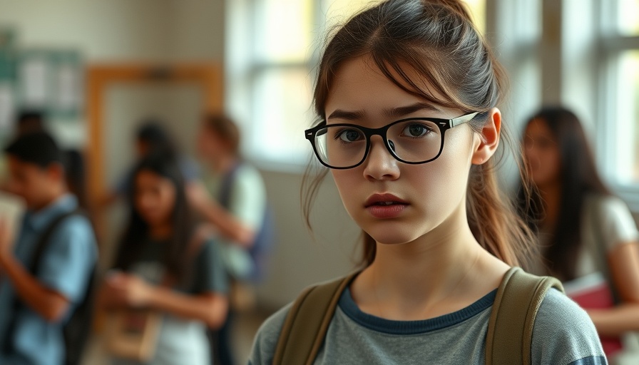 Distressed young woman in school setting facing bullying.
