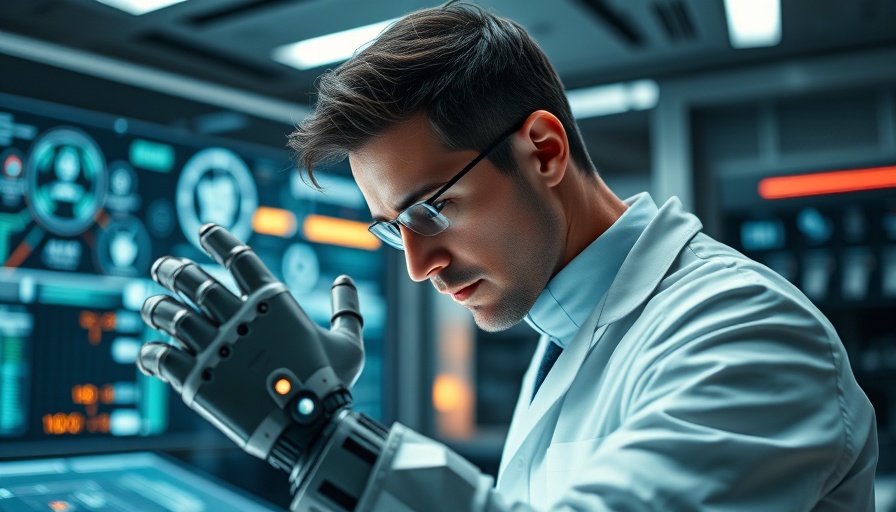 Innovative scientist using prosthetic in high-tech lab.