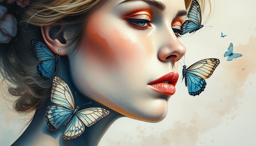 Surreal watercolor of woman with butterflies, emotional expression.