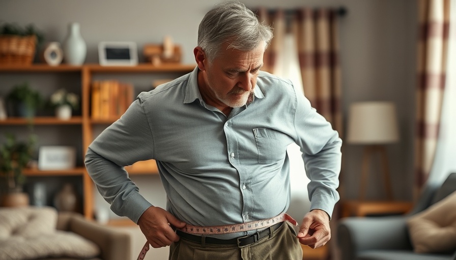 Middle-aged man measuring waistline, highlighting changes in middle age.