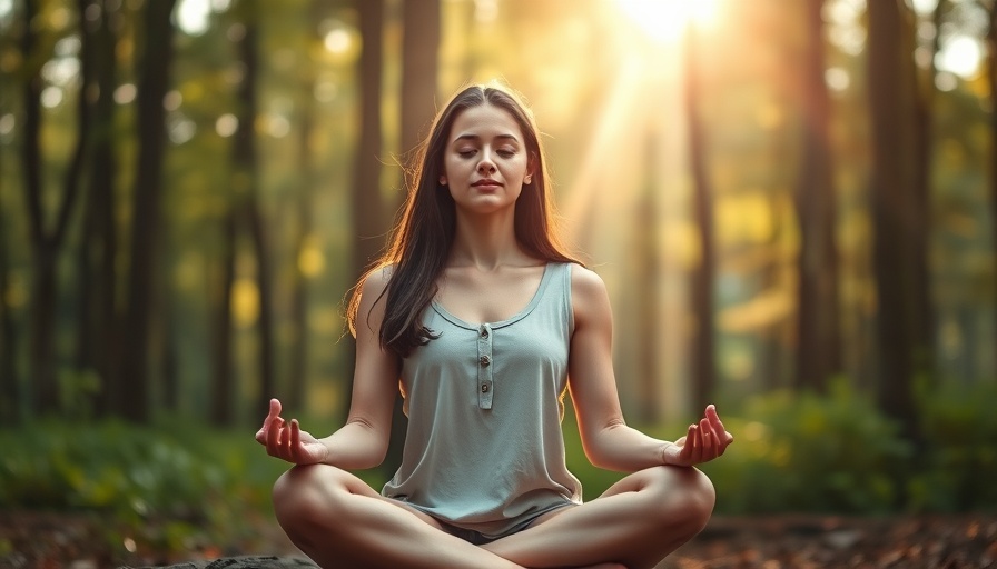 Teaching Mindfulness: Woman meditating in serene forest background.