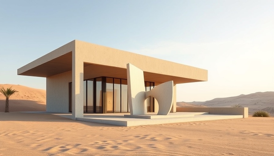 Modern architecture in Baja California with abstract sculpture.