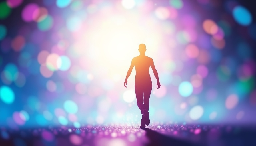 Abstract figure walking into light, health and wellness theme.