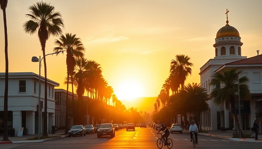 Encinitas street sunset with palm trees and gold-domed building.