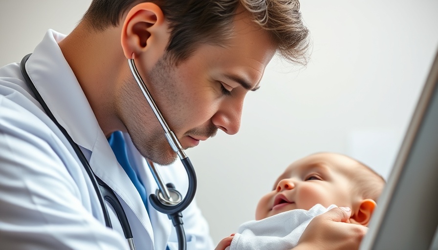 Pediatrician checks baby for asthma early signs in clinical setting.