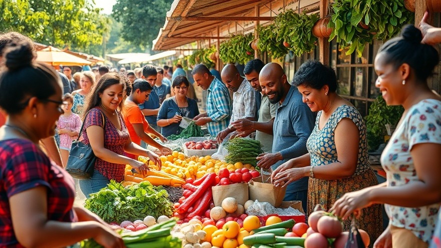 Community members enjoying fresh produce at a vibrant outdoor market, promoting healthy diets and food justice.