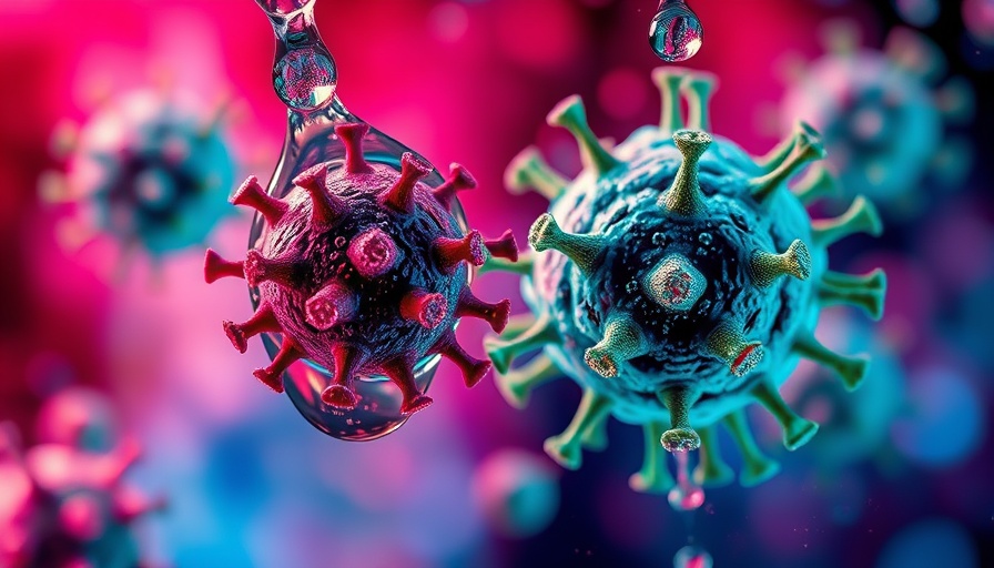 Microscopic view of measles virus particles, vibrant colors, abstract background.