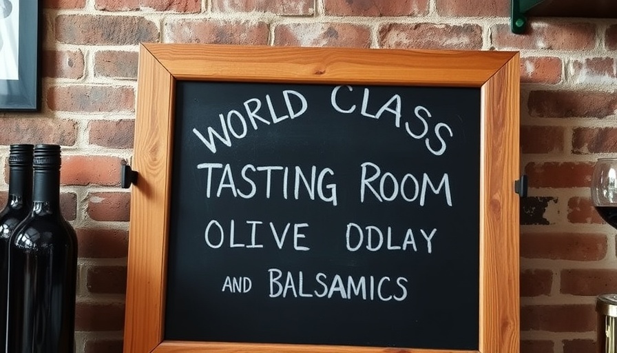 Chalkboard sign for world-class tasting room, featuring olive oils and balsamics.