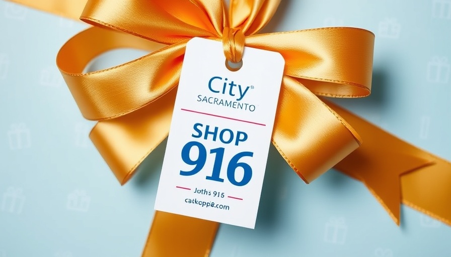 Shop 916 gift card program promotion with gold ribbon and tag.