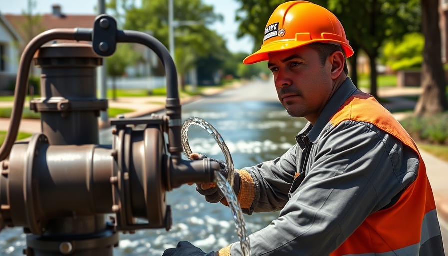 Construction worker managing water pump on suburban street.