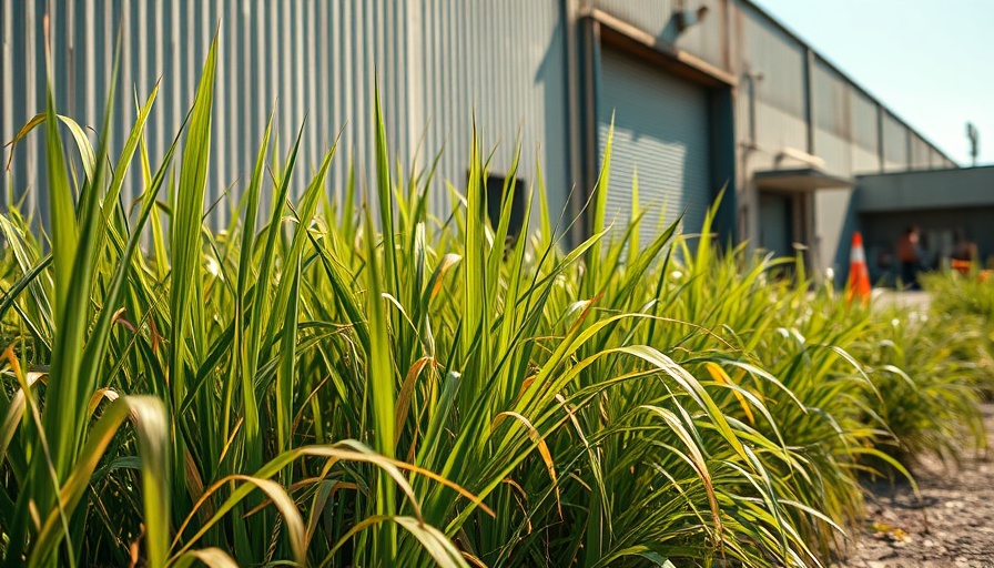 Overgrown weeds near industrial building reduce fire risk.
