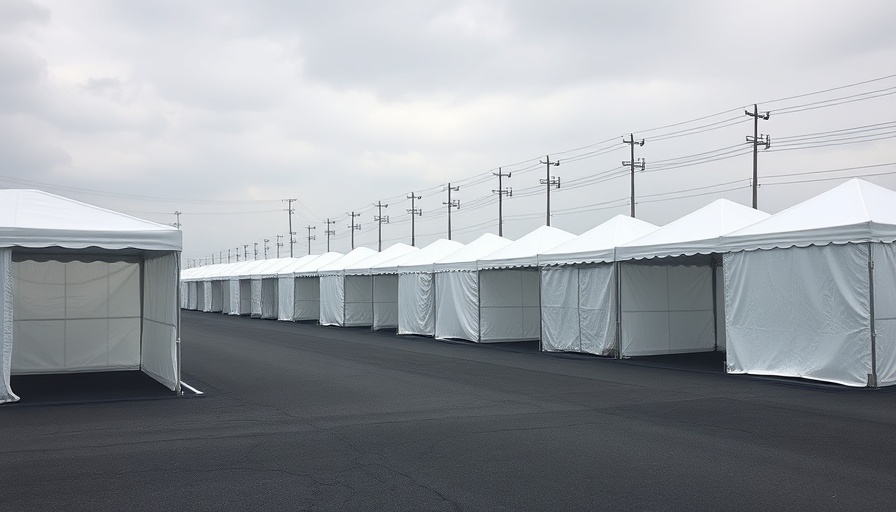White temporary shelters in Sacramento housing project, captured for homelessness response report.