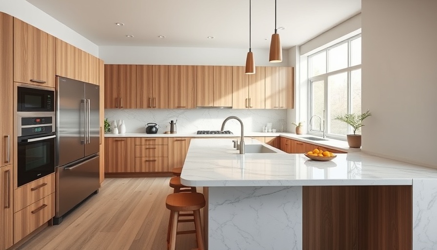 Modern kitchen with marble island and wooden stools, bright lighting.