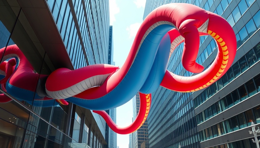 Vibrant inflatable tentacle art installation on building exterior.