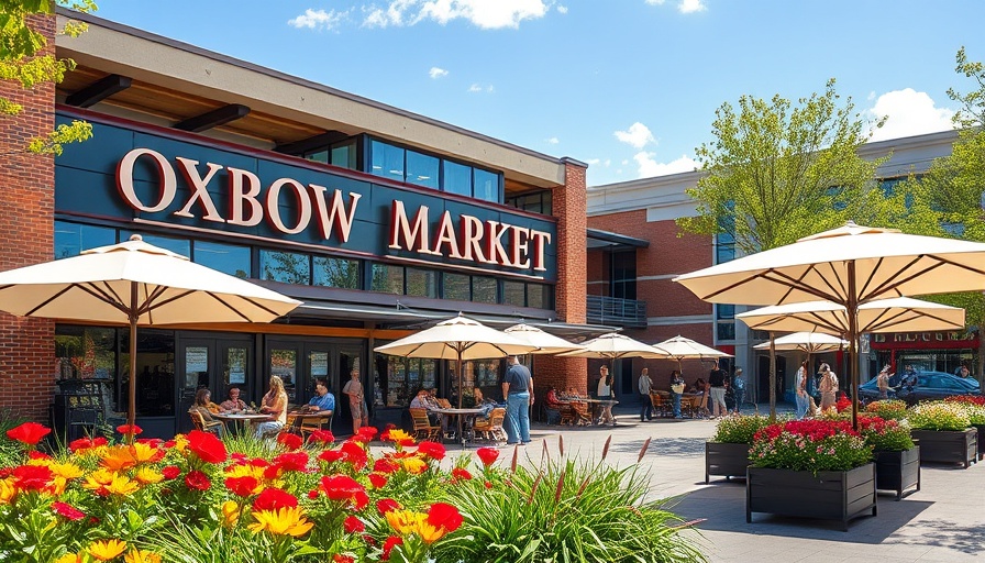 Oxbow Public Market Napa's modern facade with outdoor seating and flowers.
