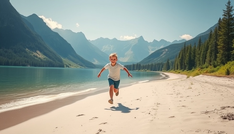 Child running by California campgrounds lake with mountains.