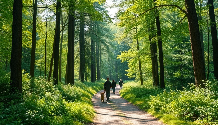 Man walking dog in lush Southern Oregon forest, vibrant camping scene.