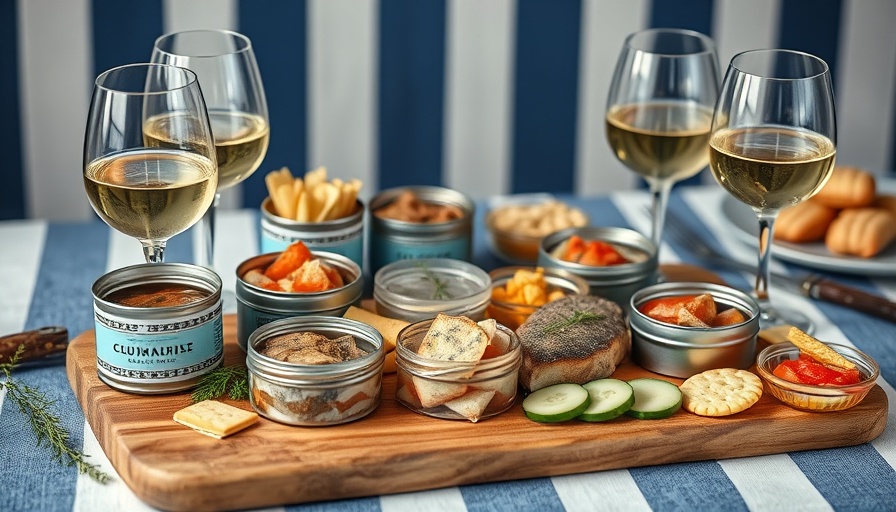 Tinned fish board for events with wine and crackers.