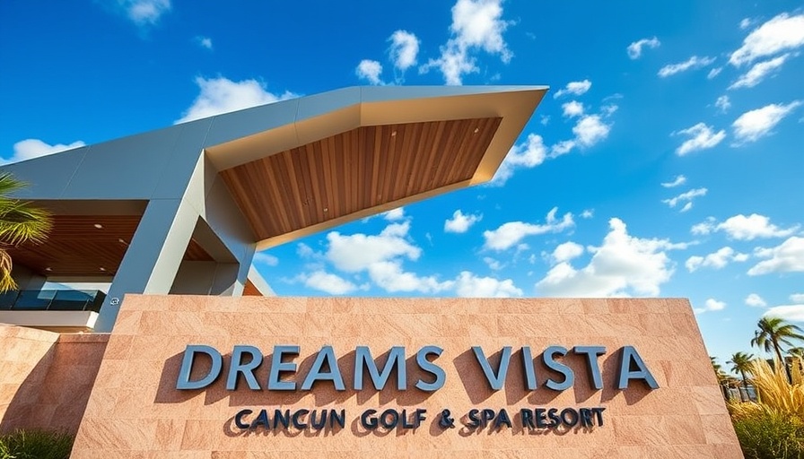 Entrance sign at Dreams Vista Cancun Golf & Spa Resort in bright daylight.