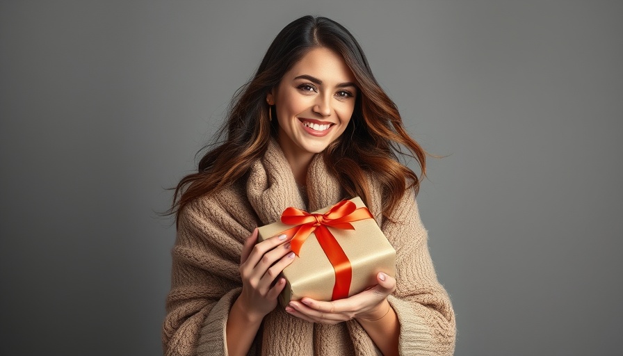 Woman displaying a simple hostess hack with a wrapped gift against a gray backdrop.