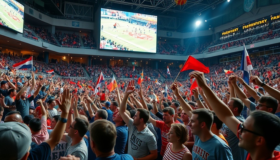 Excited sports fans cheering in a lively stadium.
