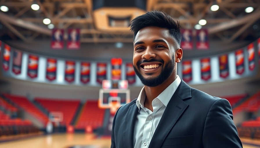 Professional male in suit on basketball court, smiling, sports arena.