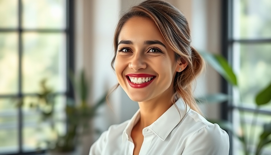 Confident woman with braces smiling indoors, positive self-esteem.