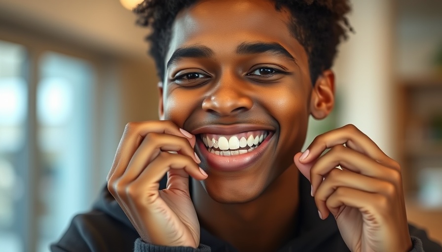 Young adult demonstrating Invisalign compliance indoors.