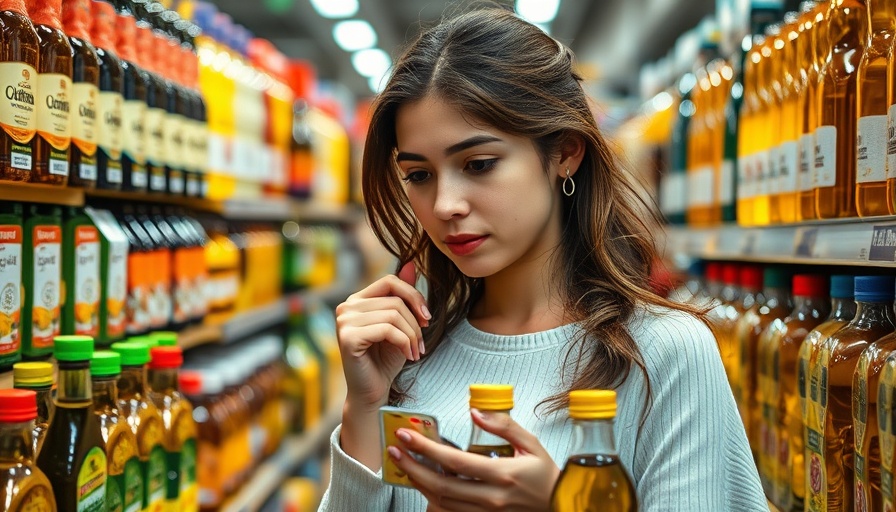 Young woman shopping for seed oils in a supermarket aisle.