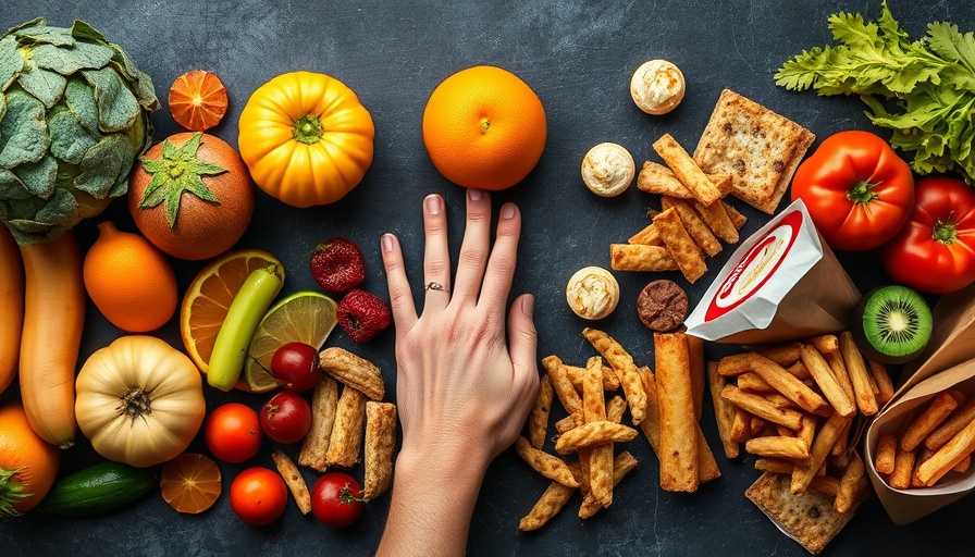 Trust Yourself Around Food: Hand choosing between fresh and fast foods.
