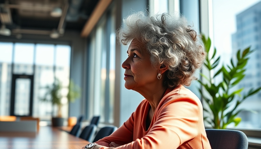 Mature woman reflecting on menopause and mental health in office.