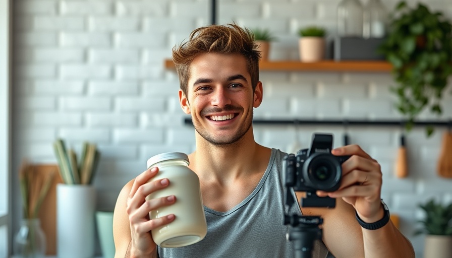 Athletic man making fitness vlog in kitchen highlighting health coaching mistakes.