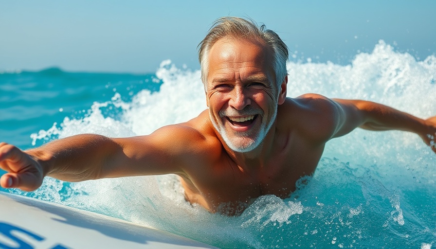 Energetic older man surfing, depicting ways to optimize testosterone naturally.