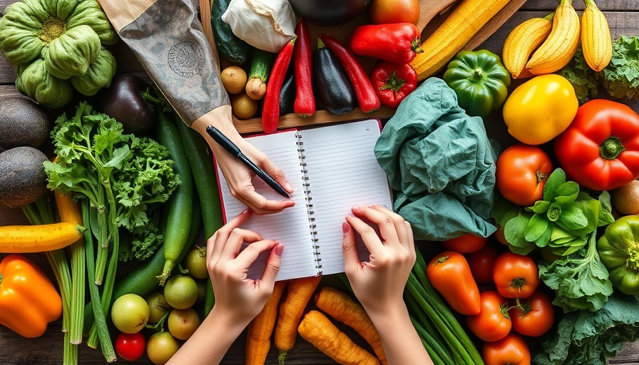 Colorful meal planning with fresh produce on wooden table.