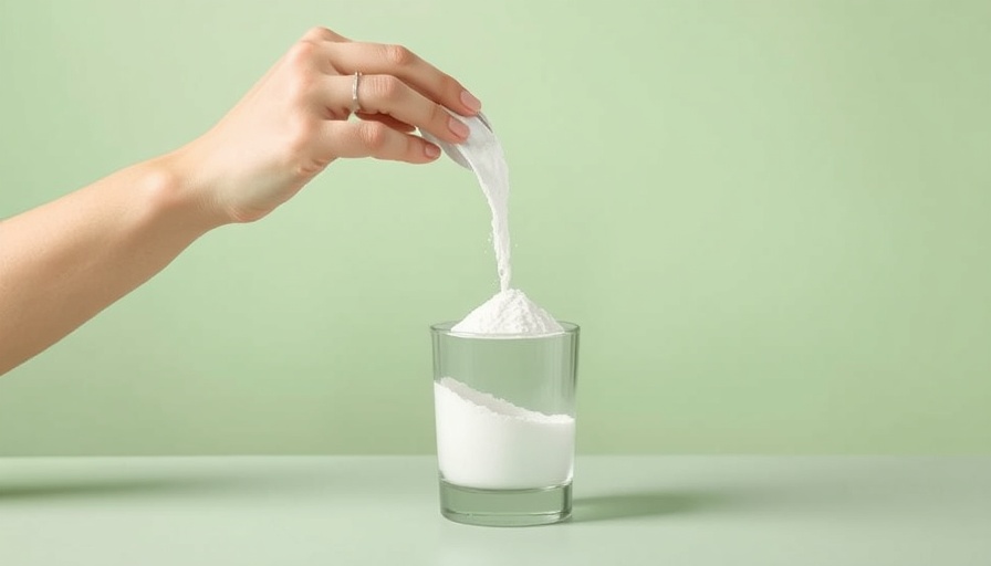 Minimalist image of collagen powder being poured into a glass of water.