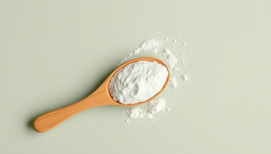 Wooden spoon with collagen powder on sage background for healthier skin, hair, and nails.